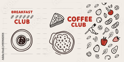 Breakfast and coffee club illustration with hand drawn food and beverage items