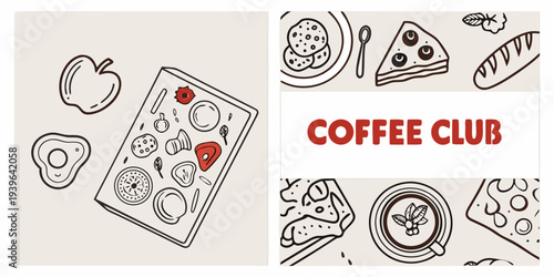 A stylish illustration featuring coffee desserts and breakfast items