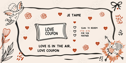 Hand drawn love coupon with floral elements and cherubic figures