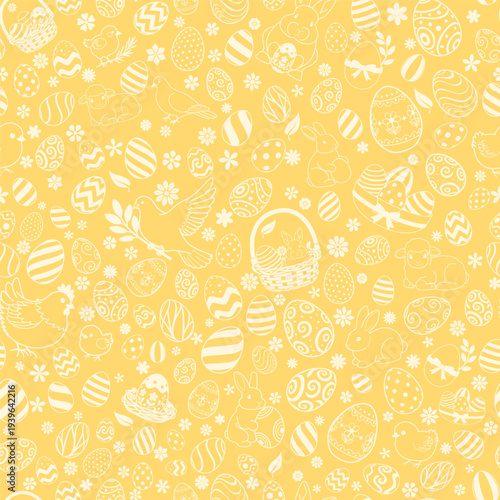 Easter seamless pattern with white easter eggs, bunnies, chicks, lambs, flowers on yellow background.