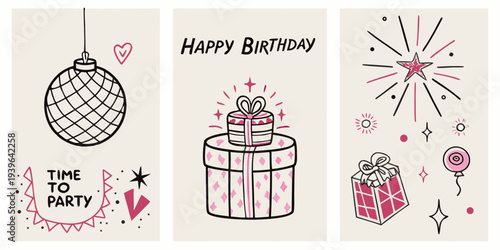 A festive birthday illustration featuring ornaments gifts and celebratory elements