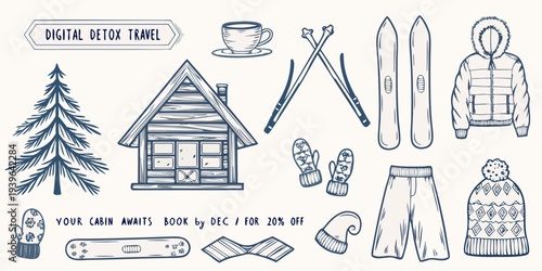 A digital detox travel illustration featuring winter cabin and outdoor gear