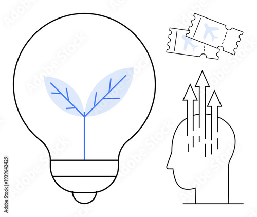 Innovation concept. Innovation ed by sustainable light bulb design, arrows growth, and travel tickets. Innovation for sustainability, growth mindset, and travel ideas. Versatile for tech