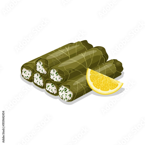 Turkish Dolma Stuffed Grape Leaves with Rice and Lemon Flat Vector Illustration.