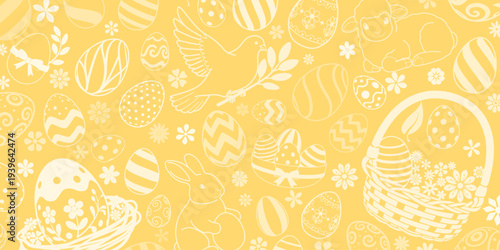 Easter background with white eggs, bunnies, and flowers on a bright yellow background, creating a festive and cheerful atmosphere.