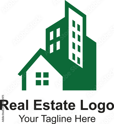 modern green real estate company logo with house and building silhouette for property business branding