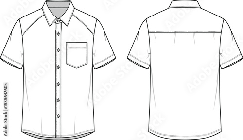 Short sleeve button down shirt technical flat sketch for men, casual front and back view apparel CAD drawing, vector illustration