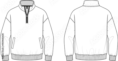 Quarter zip sweatshirt technical CAD drawing flat vector illustration, front and back view fashion template, oversized mock up for tech pack.