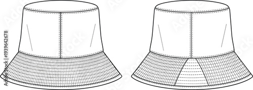 CAD drawing flat vector illustration of a reversible bucket hat with topstitching details and wide brim for fashion design templates