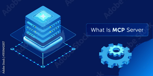 Isometric illustration depicting a server stack and network connections
