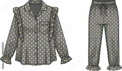 Women polka dot pajama set technical sketch, ruffle trim long sleeve shirt and trousers, cad drawing flat vector illustration template.