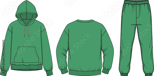 Green oversized hoodie sweatshirt and joggers set technical sketch, streetwear tracksuit template, cad drawing flat vector illustration for fashion design.