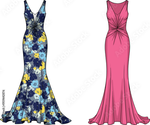 Elegant women evening gown technical sketch, floral and pink mermaid maxi dress, cad drawing flat vector illustration for fashion design.