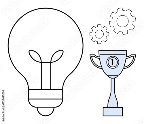 Innovation concept. Innovation by a light bulb, trophy showing achievement, and gears for strategy. Innovation drives success, creativity, and problem-solving. For entrepreneurship, leadership