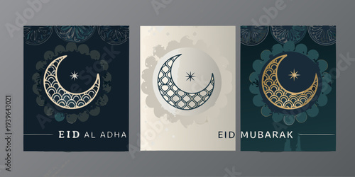 Three eid al adha and eid mubarak crescent moon greeting cards