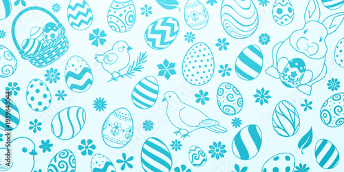 Easter-themed illustration with eggs, flowers, birds, and a bunny in various blue shades on a white background.