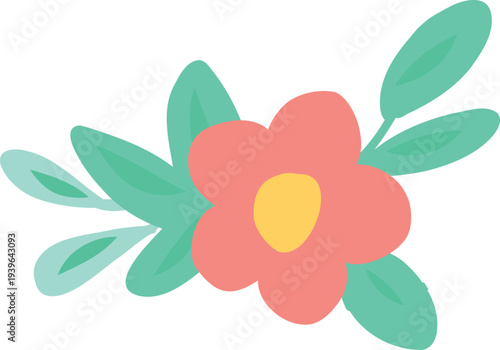 Flat vector illustration of a simple pink flower with green leaves in a soft pastel botanical style.