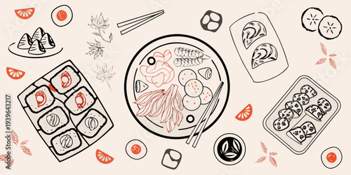 An overhead view of various japanese foods including sushi and sashimi