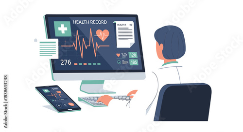 Vector illustration of doctor with medical records on computer and mobile