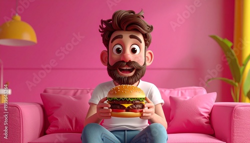 Cartoon man enjoying a burger on a pink couch.
