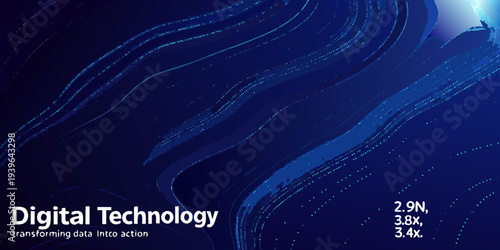 Abstract digital wave formed from blue particles with text overlay