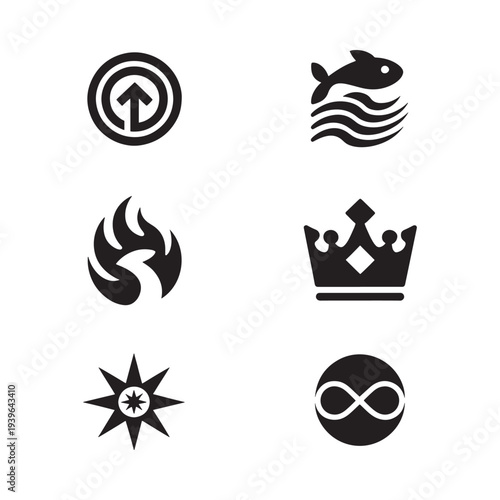 Black silhouettes depicting fire water earth air and symbolic icons