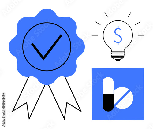 Business branding, financial strategies, healthcare innovation, pharmaceutical certification, creative solutions, and payment systems. Blue badge with checkmark, lightbulb with dollar sign, and pill