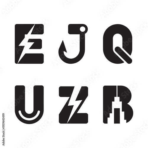 Abstract black letterforms with unique designs and symbolic representations