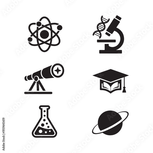 Scientific icons depicting atoms research education and planetary studies