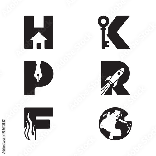 Conceptual graphic design featuring letters with embedded symbolic icons