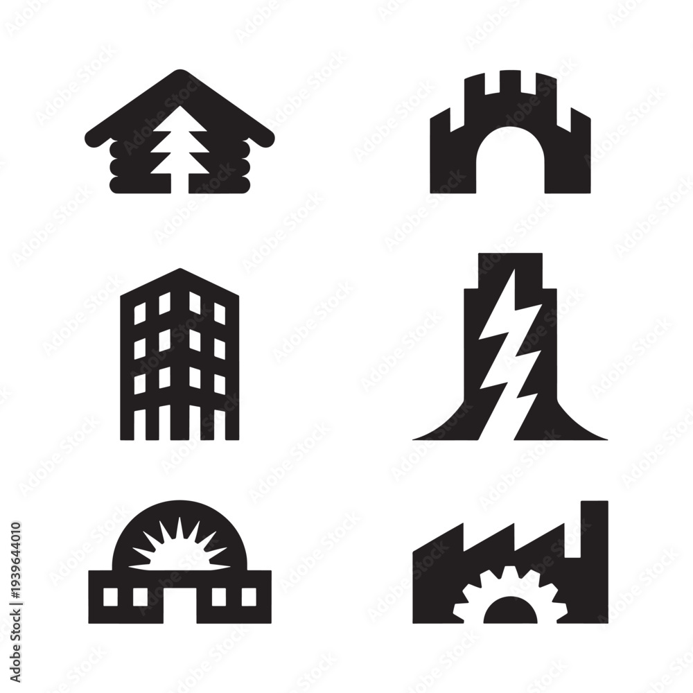 Naklejka premium Minimalist black icons depicting various building structures and architectural elements