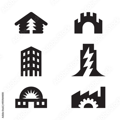 Minimalist black icons depicting various building structures and architectural elements
