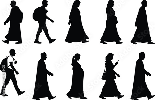 Black silhouette set of diverse walking people, including pregnant woman, men in traditional robes, and students with backpacks on white background