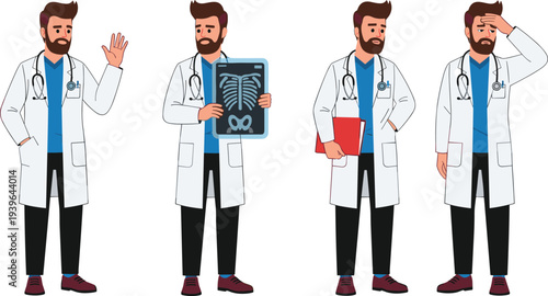 Male doctor character set showing medical professional waving, holding x-ray, carrying folder, and feeling tired isolated on white background vector