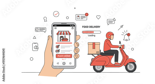 Vector illustration of food delivery concept with scooter and smartphone