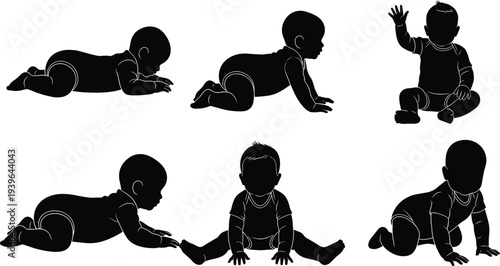 Black baby silhouette set including infant crawling, sitting, waving, and newborn toddler poses isolated on white background for graphic design elements