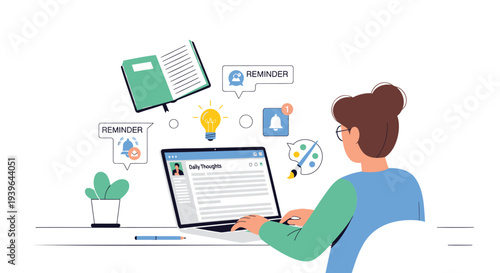 Vector illustration of woman working on laptop with creative ideas