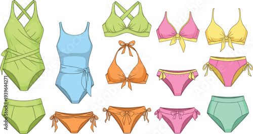 Technical Fashion Sketch Set of Women Swimwear Featuring One Piece Swimsuits Bikinis and High Waisted Bottoms CAD Drawing Flat Vector Illustration