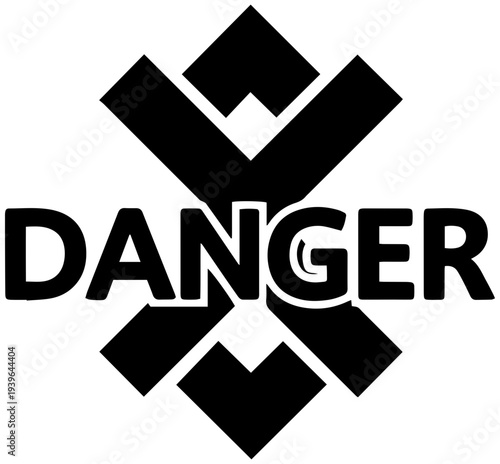 Warning sign with bold black danger text and geometric shapes