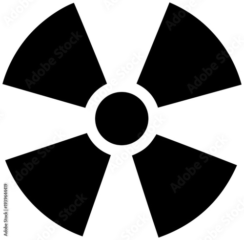 Radioactive warning symbol in bold black and white