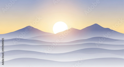 Serene Mountain Landscape with Sunrise and Mist.