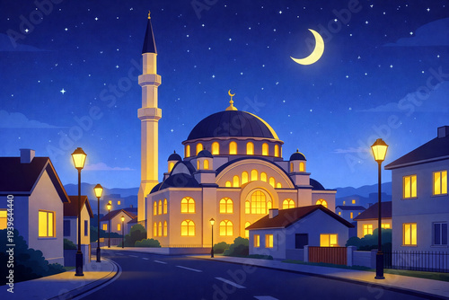 Modern 2D Night Mosque Illustration in Quiet Town