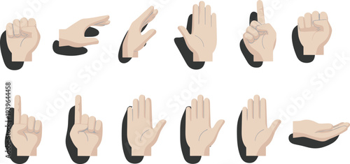 Set of human hand gestures and palm signs in flat vector style including fist, pointing finger, open palm, and counting movements for user interface design and communication concepts.