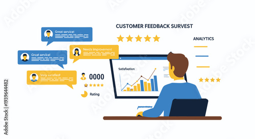 Vector illustration of man analyzing customer feedback survey on computer