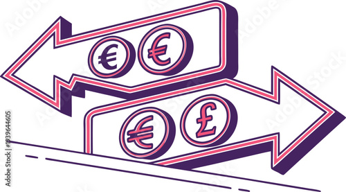 Neon currency exchange with two arrows and euro pound symbols neon sign euro symbol
