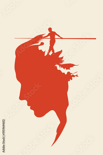 Tightrope Walker Balancing in Head Silhouette: Mind Balance, Trauma Freedom, Growth Progress