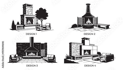 Outdoor fireplace design collection set with modern stone hearth for patio garden vector illustration