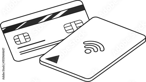 Flat black line of two credit cards one with wifi symbol line black and white flat simple
