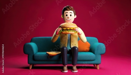 Cartoon Man Enjoying a Burger on a Couch in a Vibrant Setting.