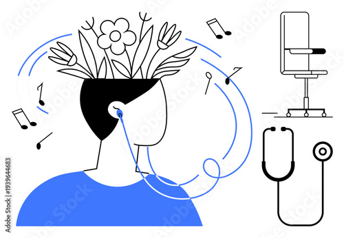 Music therapy, relaxation, mindfulness, mental health, creative healing, healthcare. Person with flowers growing from head listens to music through earphones. Music therapy and relaxation theme